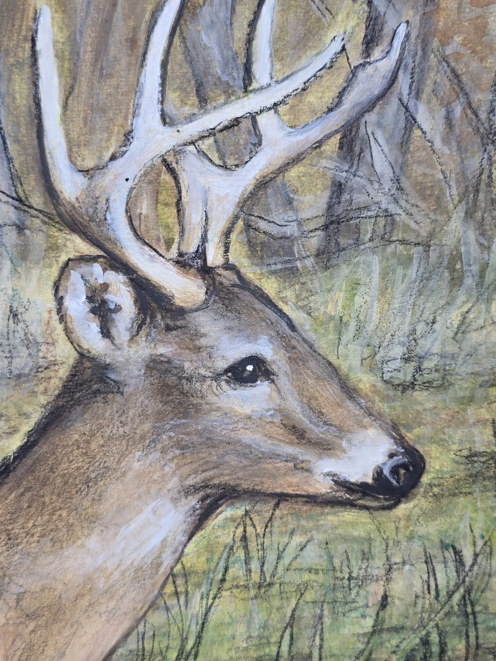 Vintage 1986 Hand painted Whitetail Buck Deer Wildlife Rustic Wood Frame 23x18